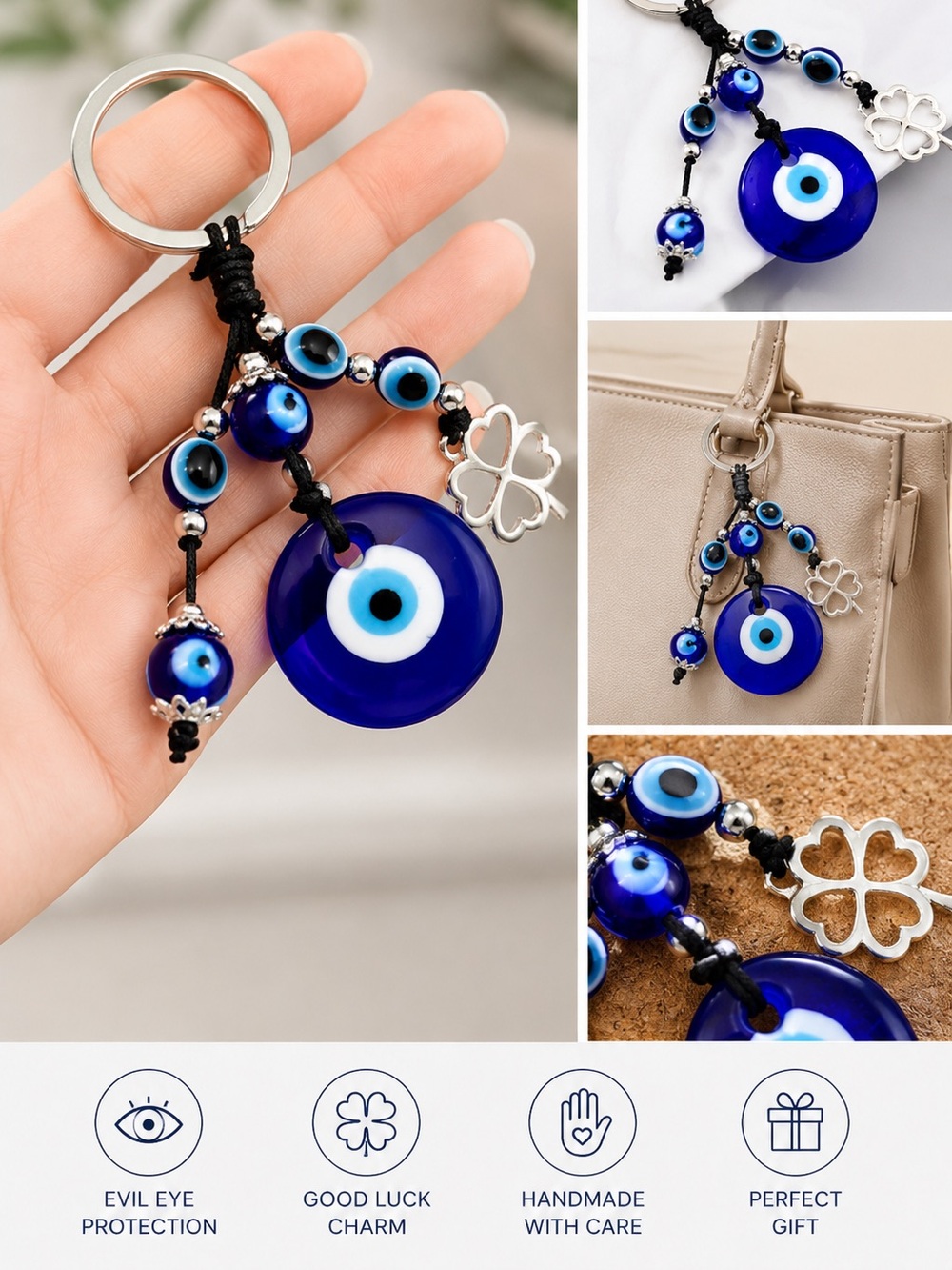 Blue Evil Eye Glass Keychain Lucky Charm Bag Charm Protection Key Ring